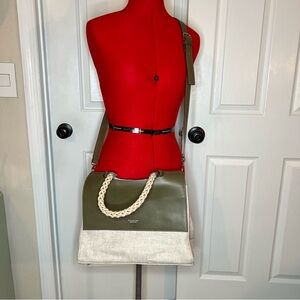 Lia Numa made in Italy Linen and Leather Shoulder Bag Tote Green Beige